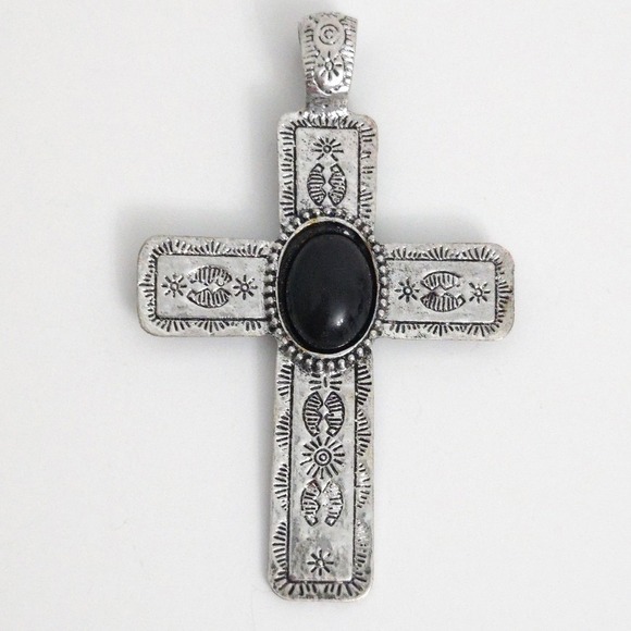 Large Christian Cross Turquoise Black Silver Pendants for Necklaces (Set of 2) - Picture 3 of 7